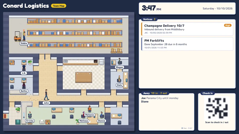 Team Board: an illustrated live office map on a TV