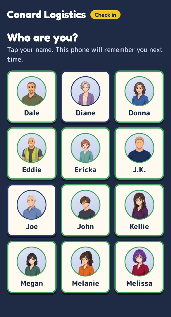 Phone check-in screen with illustrated teammate portraits